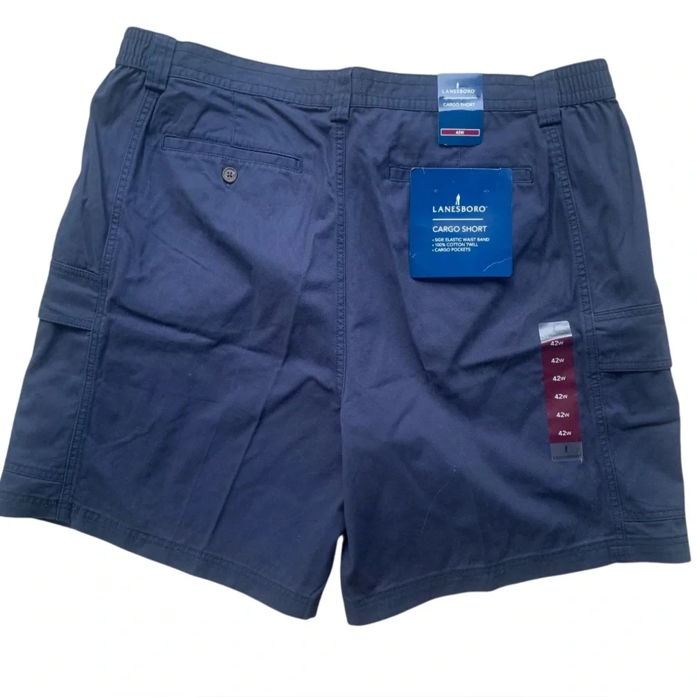 Lanesboro Navy Blue Cargo Shorts Cotton Twill Pockets Elastic Sides Men’s 42W